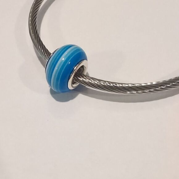 Silver‎ Blue and White Striped Charm for Pandora Style Bracelet - Picture 3 of 4